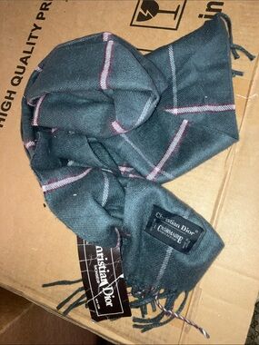 Dior Men’s Teal Plaid Cashmere Scarf with Pink Stripes